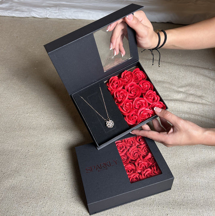 12 Eternal Roses Jewelry Gift Box + Magnetic Four Heart Necklace