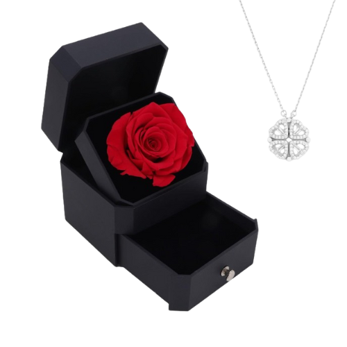 Luxurious Jewelry Box With Eternal Rose + Magnetic Four Heart Necklace