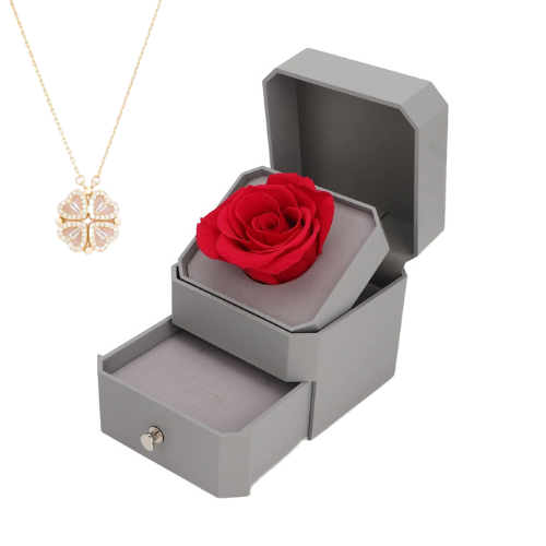 Luxurious Jewelry Box With Eternal Rose + Magnetic Four Heart Necklace