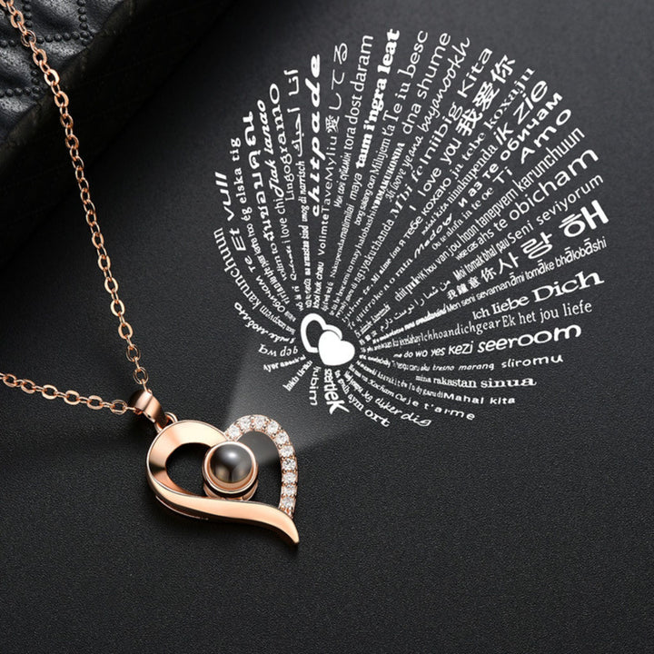 "I Love You" in 100 Languages Necklace + Metal Rose Jewelry Box Gift Set